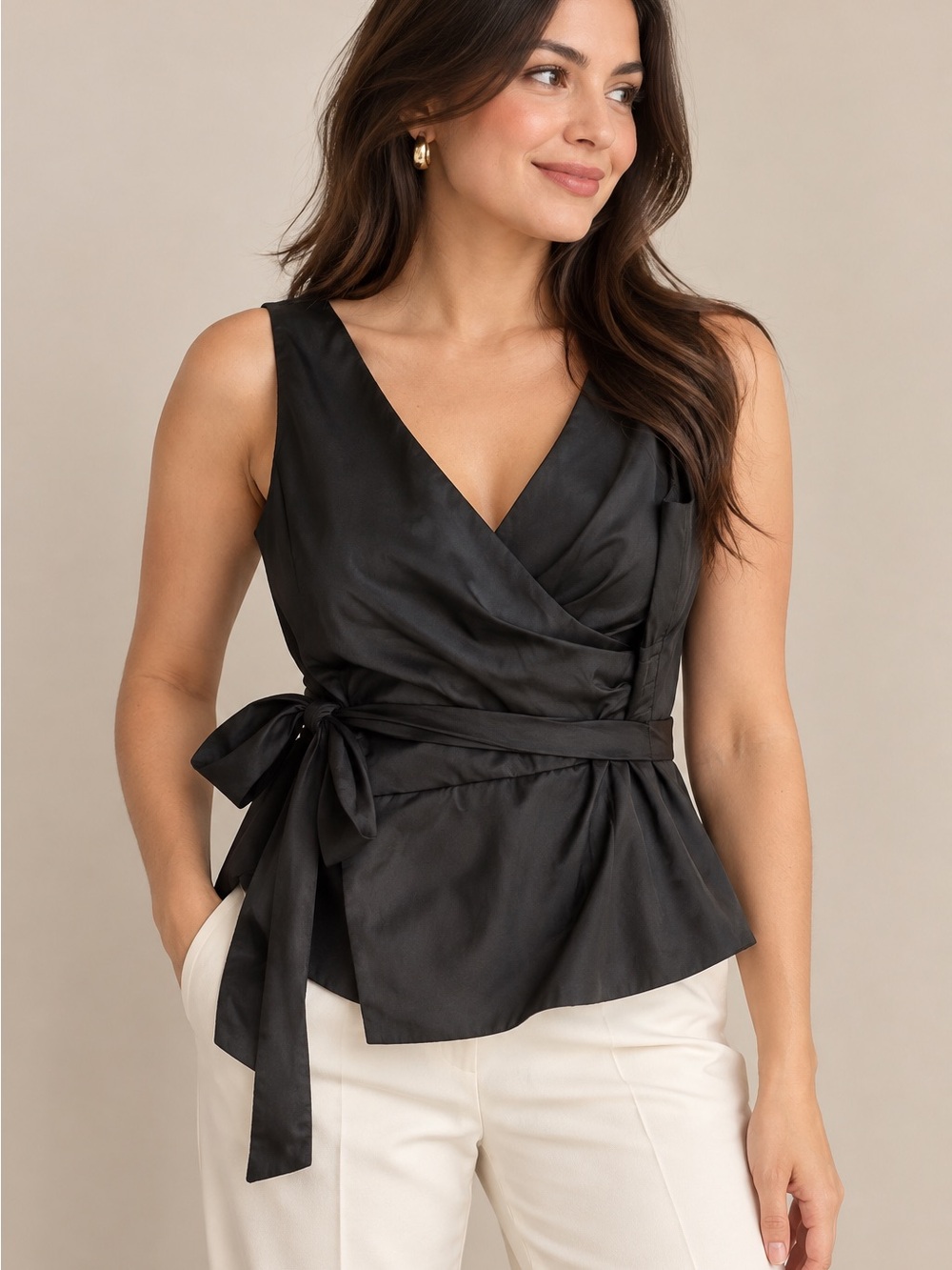 Adrianna Papell Black Satin Wrap Camisole with Side Tie